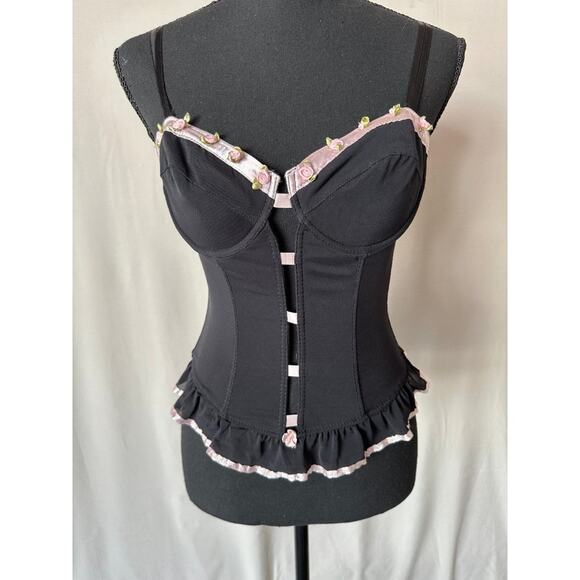 corset top vintage black and pink lace bows y2k coquette style 36b small - Picture 1 of 5